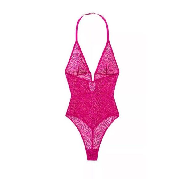 Victorias secret Zebra Lace Teddy Bodysuit Plunge Halter Magenta Fuchsia Small - Picture 3 of 5